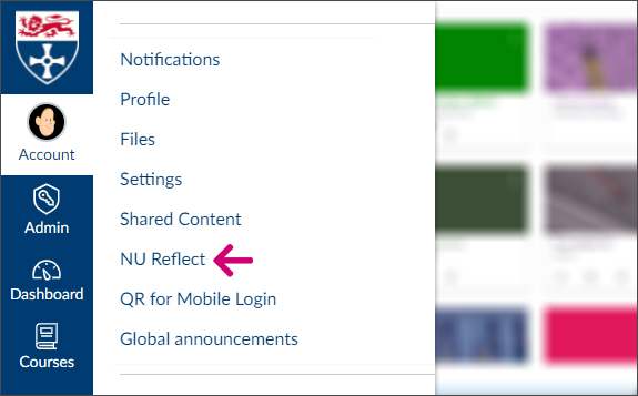 An image showing how to access NUReflect (in Account, select NU Reflect).